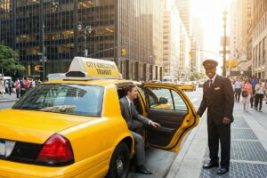 Client sortant d'un taxi en ville