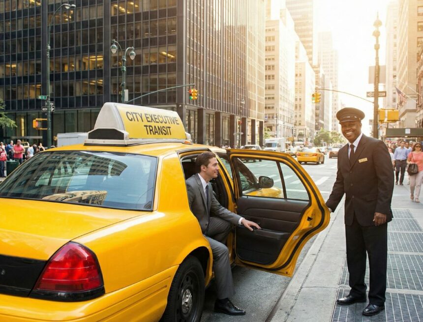 Client sortant d'un taxi en ville