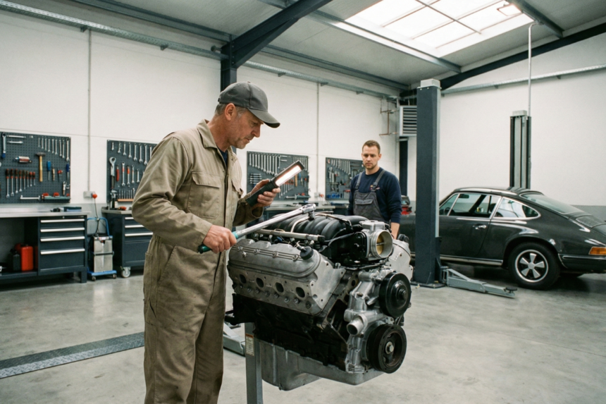 Mécaniciens travaillant sur un moteur