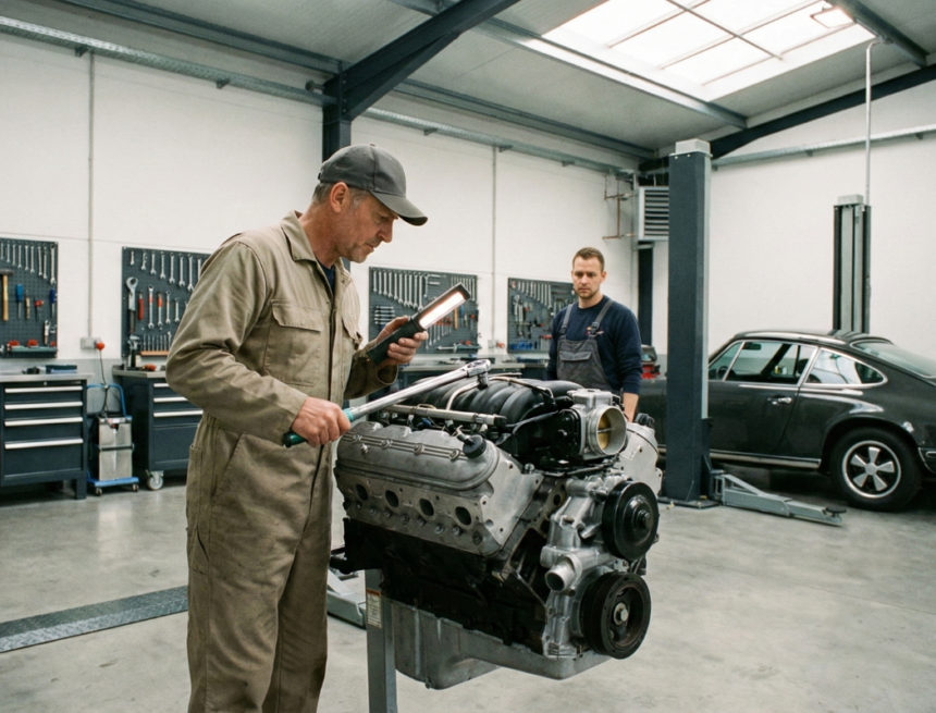 Mécaniciens travaillant sur un moteur