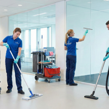Trois professionnels nettoyant un hall de bureau