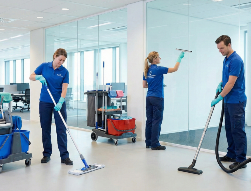 Trois professionnels nettoyant un hall de bureau