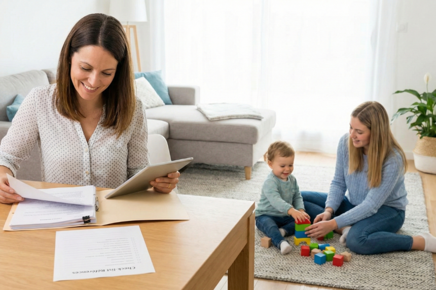 Mère vérifiant les références d'une baby-sitter pour son enfant.