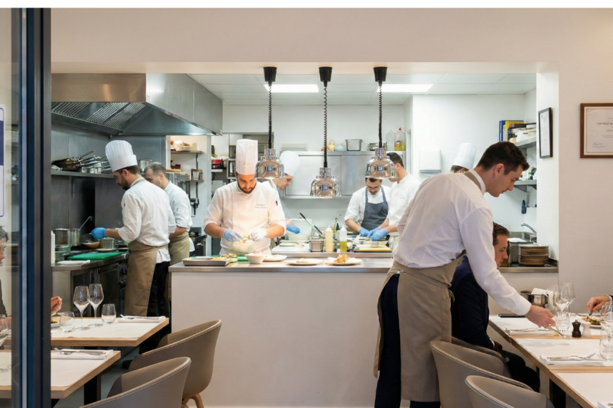 salle de restaurant avec cuisine ouverte